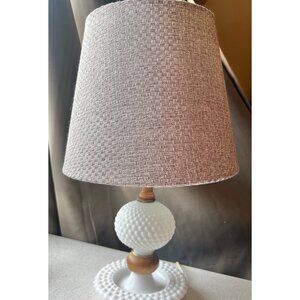 Hobnail Milk Glass & Wood Table Lamp With Textured Fabric Shade VTG Midcentury